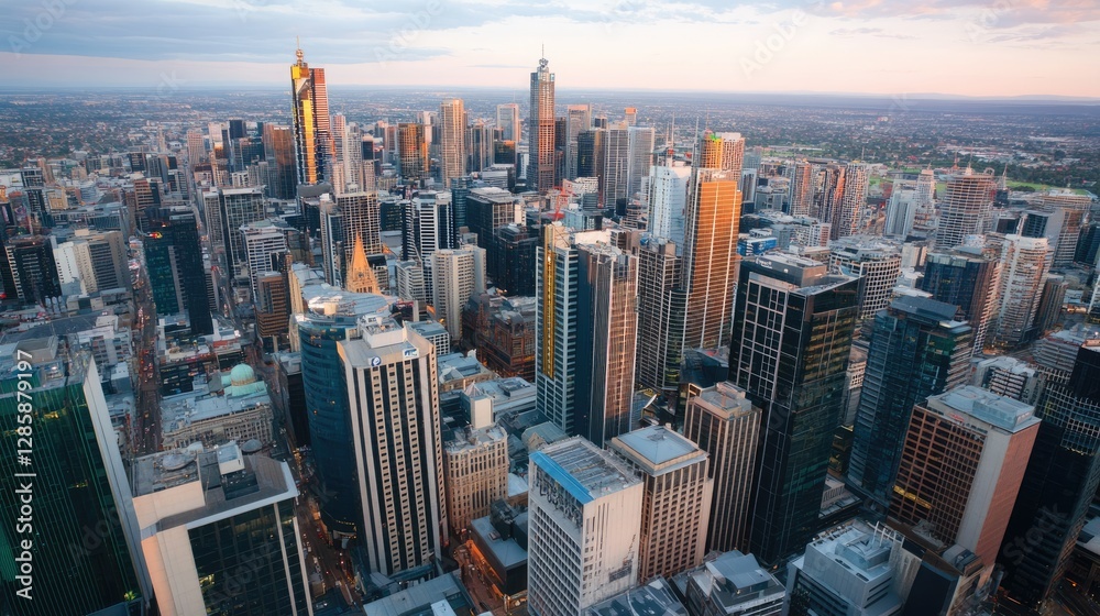 Obraz premium Urban sunset skyline view melbourne aerial photography cityscape panoramic modern architecture