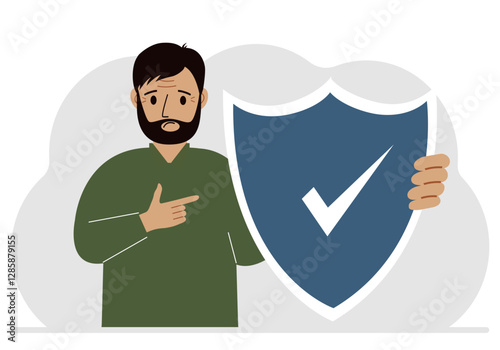 A man holds a shield in his hand, a symbol of insurance. Vector flat illustration