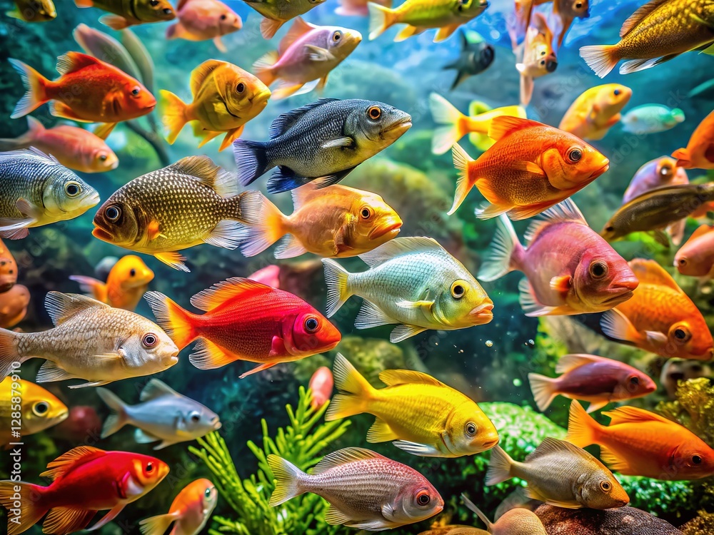 Fototapeta premium AI's vision of vibrant aquarium fish; photorealistic documentary.