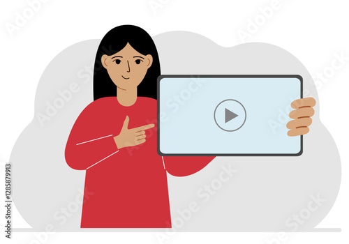 Woman holding tablet computer with video player. Marketing concept in flat style. Vector flat illustration.