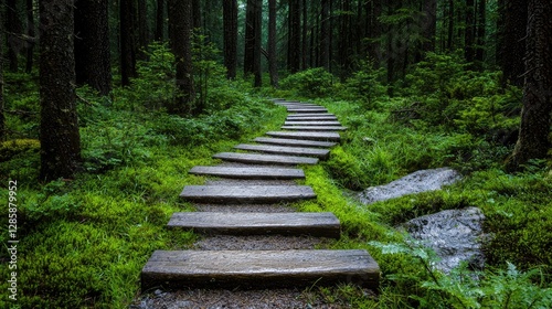 Wooden Path Winding Through a Mossy Forest