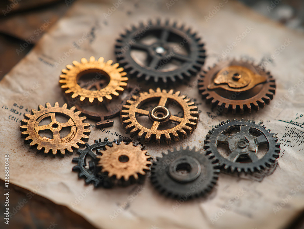 Gear and cogs wheels, clock mechanism, brass metal engine industrial Gear and cogs wheels, clock mechanism, brass metal engine industrial