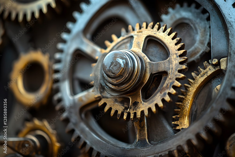 Gear and cogs wheels, clock mechanism, brass metal engine industrial
