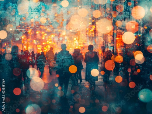 Colorful urban night scene with silhouettes of people walking amidst vibrant bokeh lights