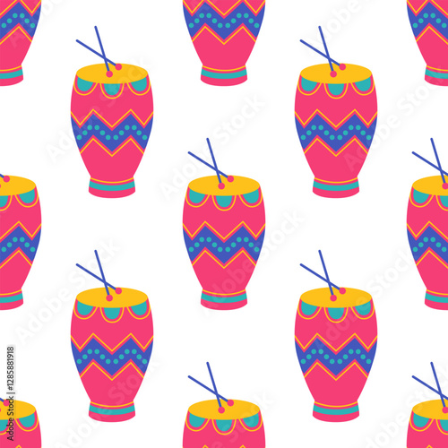 Seamless pattern with colorful ethnic conga drums on white background. Percussion musical instrument. Pink tumbadora. African culture. Vector flat illustration for wallpaper, textile, packaging