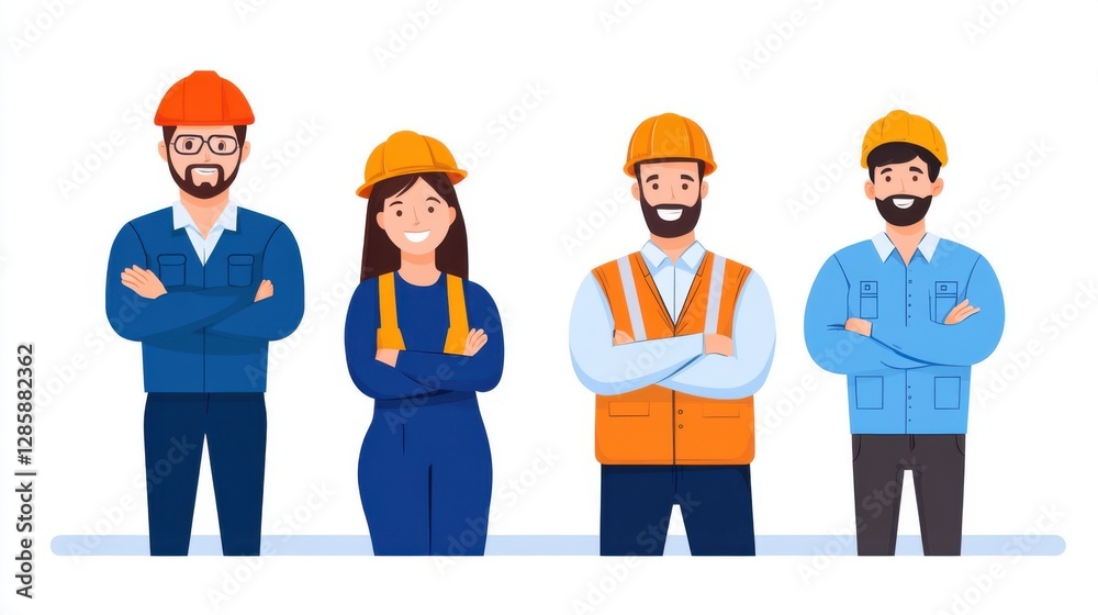 Group of Four Construction Workers with Hard Hats and Safety Gear Standing Confidently Together Group of Four Construction Workers with Hard Hats and Safety Gear Standing Confidently Together