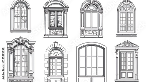 Vector set different types and shapes windows, outline vector illustration on a white background. Vintage French window with glass panes. 