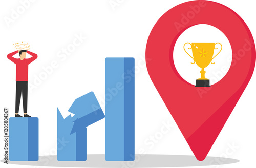 Businessman standing and thinking to reach the trophy symbol to achieve a goal. Modern vector illustration in flat style

