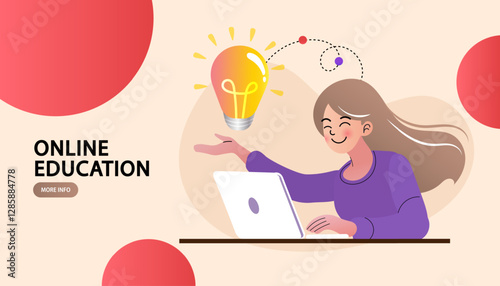 Online education concept. Welcome back to school. Flat design pattern with child. Laptop with educational app in the screen. E-learning platform. Distance lessons, video course, internet class. vector