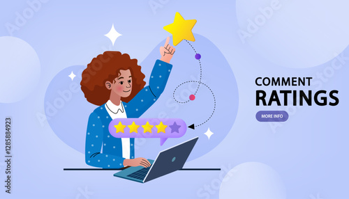 Customers leaving positive feedbacks to product. Ratings and review concept. Satisfaction level. User experience, recommendations, Survey. leaving comment with 5 stars rating. flat vector illustration