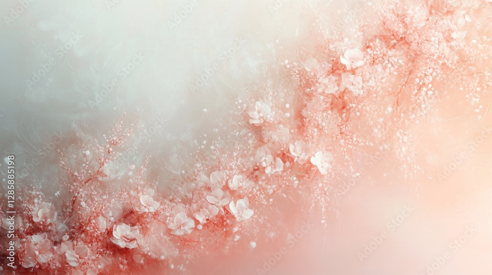 Fototapeta premium Delicate red flowers blossoms and branches across soft pastel background