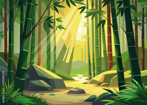 bSunlight beams through dense bamboo grove casting shadows on winding path and rocks.