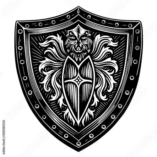 Detailed Black and White Shield with Lion Head and Cross.