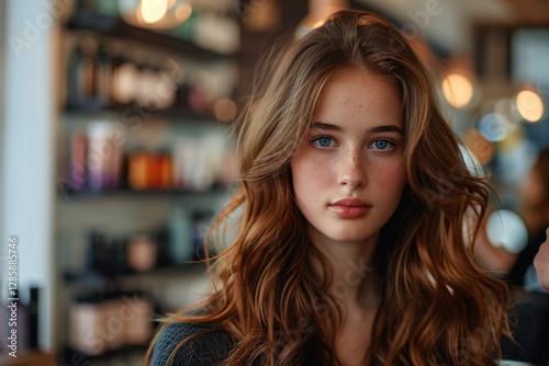 A young woman with long wavy hair and vivid blue eyes sits in a contemporary beauty salon. The background features shelves filled with various hair and beauty products, creating a chic atmosphere