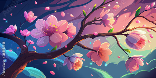 A beautiful cherry blossom tree with delicate pink flowers blooming against a dreamy blue sky.