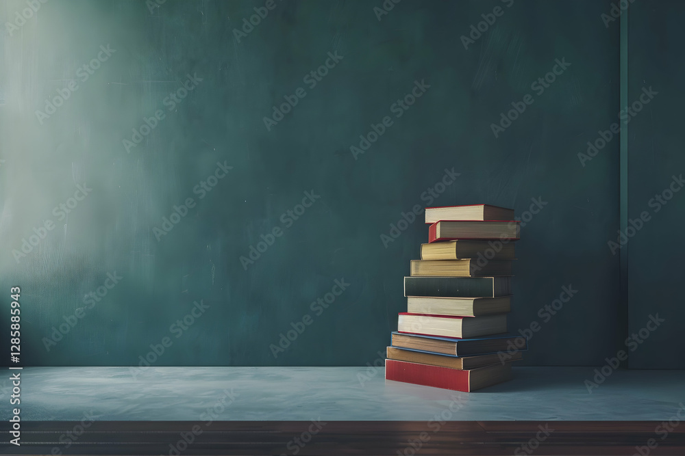 A stack of colorful books on a wooden table against a dark green wall with soft light A stack of colorful books on a wooden table against a dark green wall with soft light