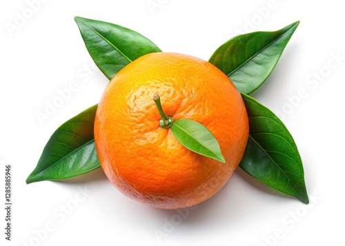 Flat lay: single orange and leaves, studio shot.