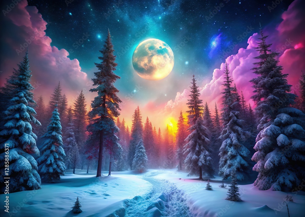 Naklejka premium Frozen forest, neon glow, ethereal moonlight. Night's abstract beauty.