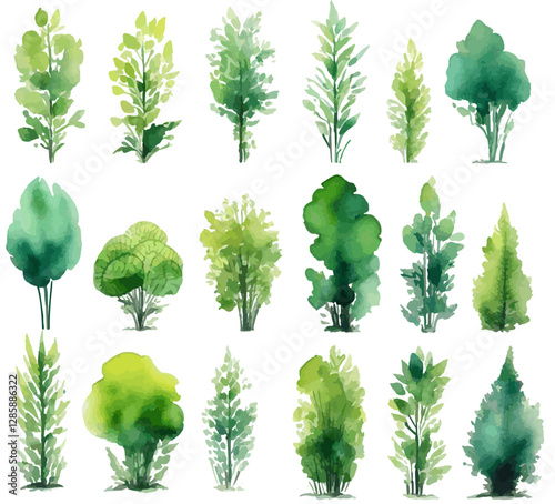 Rough illustration collection in watercolor style of low height plantings blooming in the garden
