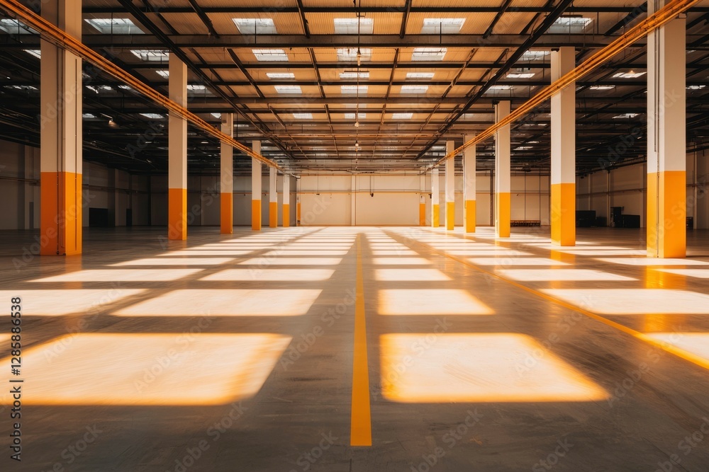 Empty warehouse interior with sunlight, storage space Empty warehouse interior with sunlight, storage space