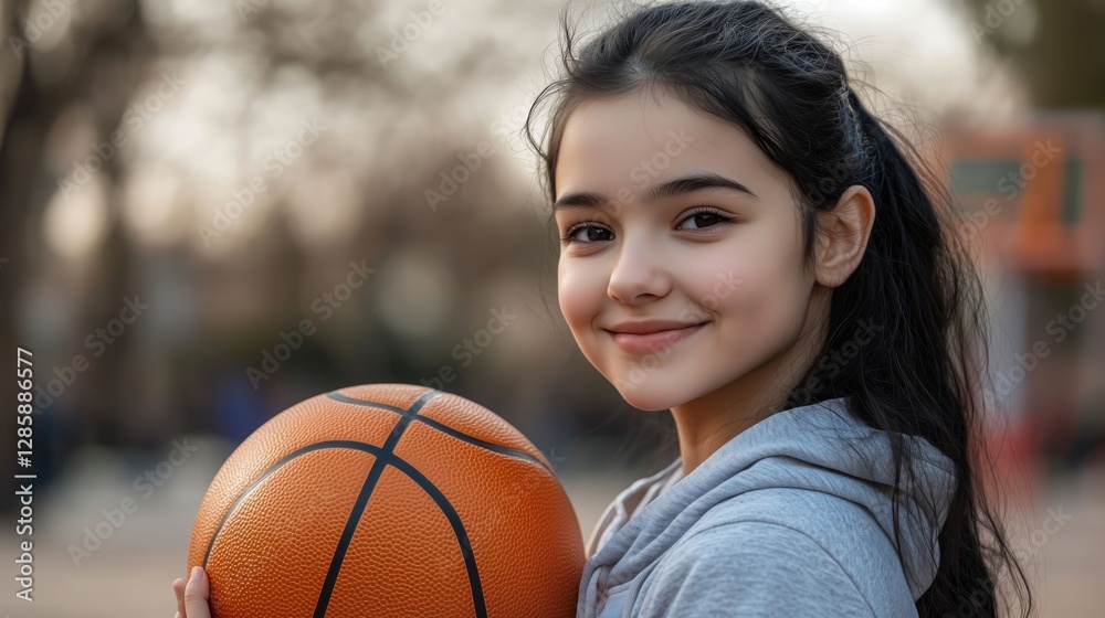 A portrait of a teenage girl standing with a basketball, exuding confidence and determination. A portrait of a teenage girl standing with a basketball, exuding confidence and determination.
