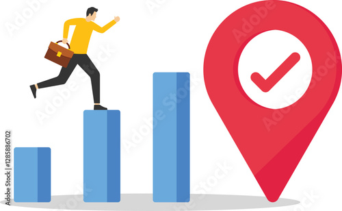 Businessman with briefcase in hand going upstairs by column chart with goal destination mark on top. Career growth, job achievement. Flat vector illustration.

