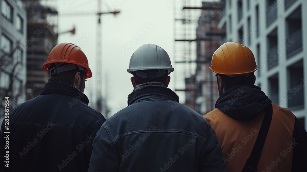 Three men in work uniforms and helmets standing in front of a construction site, representing teamwork and professionalism. Three men in work uniforms and helmets standing in front of a construction site, representing teamwork and professionalism.