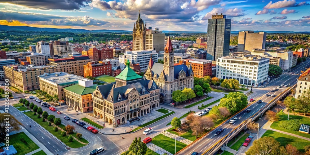 Fototapeta premium High-angle view of Albany's State Street, showcasing downtown.