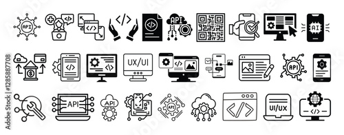 Web Devolopment, APIs, Coding, UI UX design, App devolopment, Technology icon set collection vector  design.