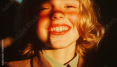 Smiling child's face in warm sunlight and shadows