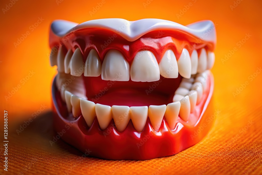 Fototapeta premium Macro shot: plastic vampire jaw, orange background, AI art.