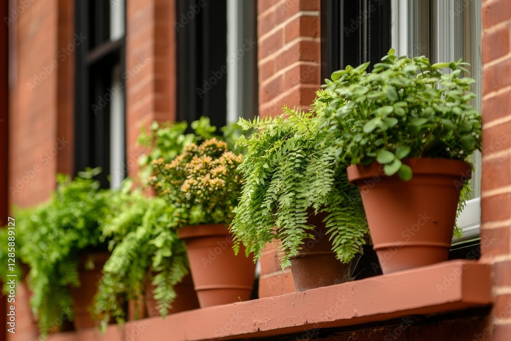 Fototapeta premium Potted plants on a window ledge of a brick building