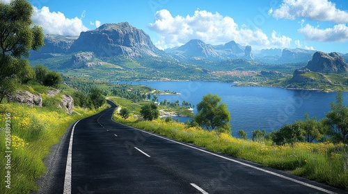 Scenic mountain road curves to lake vista photo