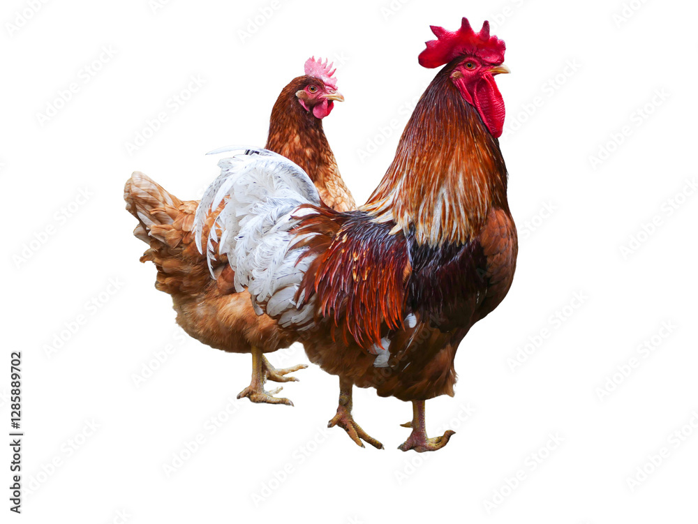 Fototapeta premium Two Colorful Chickens Standing Together,Transparent Backgrounf