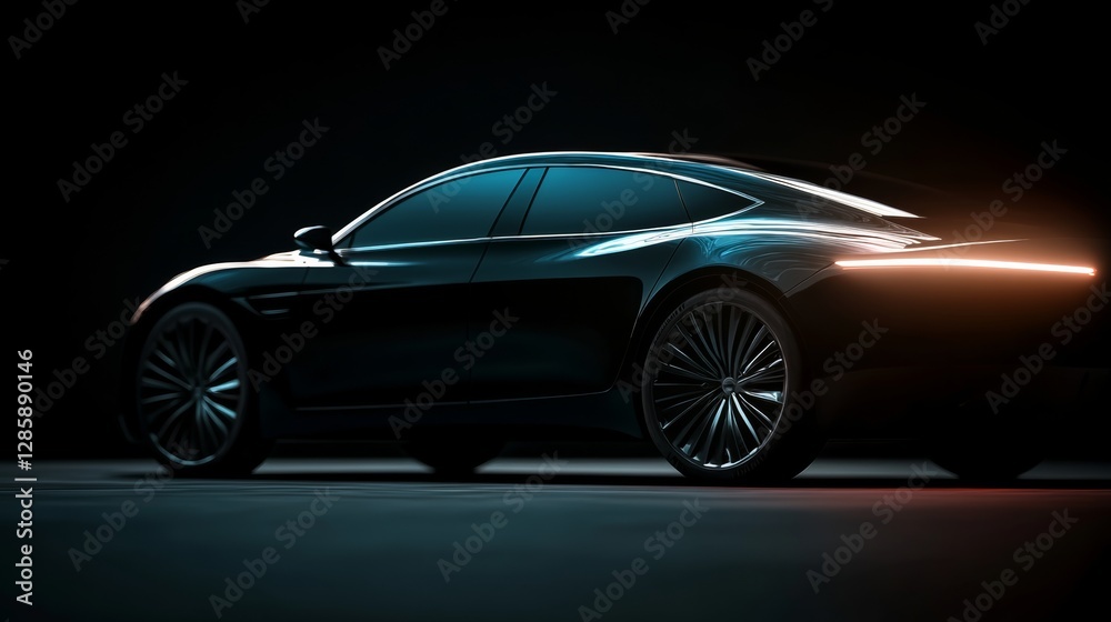 Black car with a shiny wheel and a bright light on the back. The car is parked in a dark area Black car with a shiny wheel and a bright light on the back. The car is parked in a dark area
