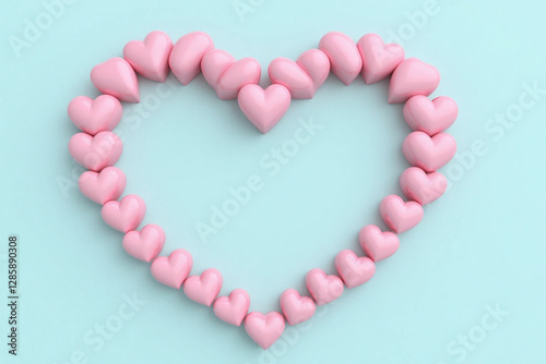 3D heart shaped frame of small pink hearts turquoise background