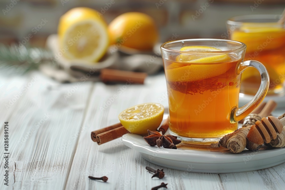 Warm, comforting lemon tea with honey, cinnamon, and star anise. Warm, comforting lemon tea with honey, cinnamon, and star anise.