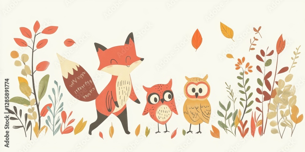 Obraz premium Cute Fox and Owl in Autumnal Forest
