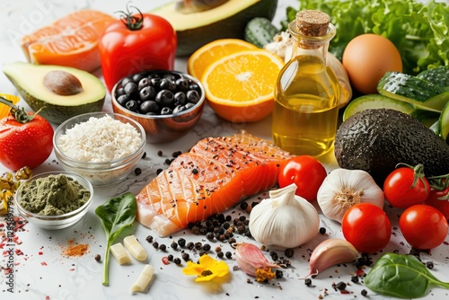 A vibrant array of healthy foods, including salmon, avocado, tomatoes, and rice, ready for a delicious and nutritious meal.