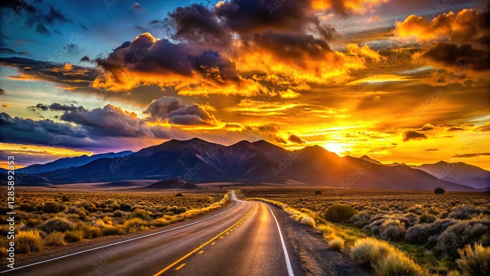 Naklejka premium Silhouettes grace Taos Road's mountain landscape, AI art.