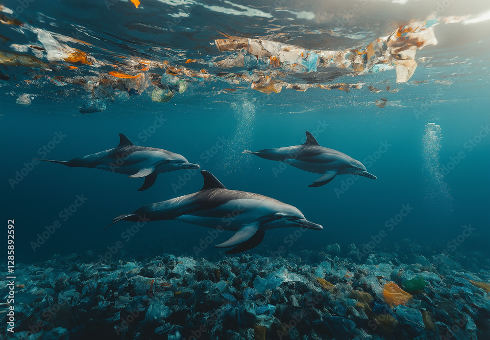 Fototapeta premium Dolphin Dying in Polluted Water: Impact of Water Pollution on Marine Life 
