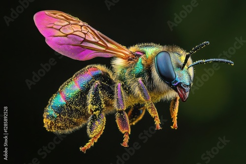 macro photography of iridescent honey bee midflight wings catching rainbow light detailed compound eyes and pollendusted body
