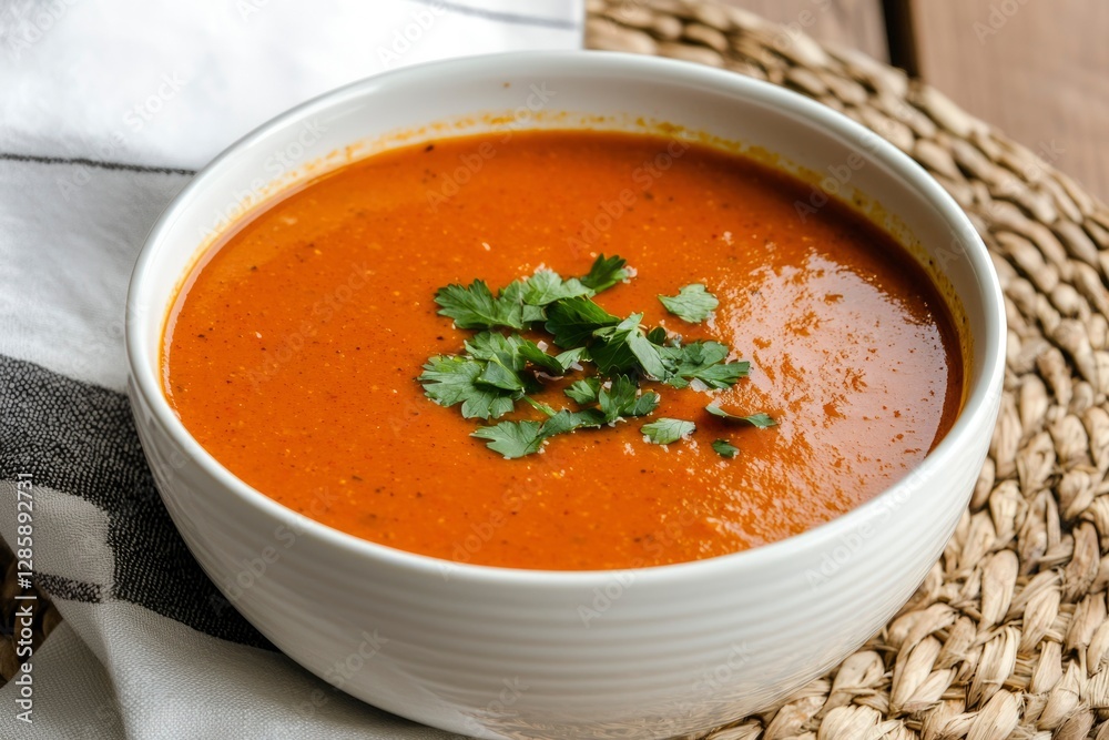 Tomato soup with parsley garnish in white bowl on placemat Tomato soup with parsley garnish in white bowl on placemat