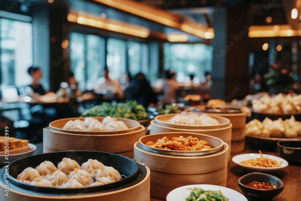 Fototapeta premium Steamed dumplings buffet in bustling restaurant