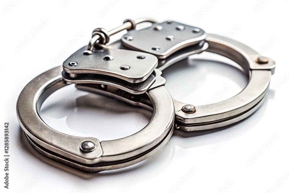 Stark white backdrop highlights gleaming handcuffs, a food photography study. Stark white backdrop highlights gleaming handcuffs, a food photography study.