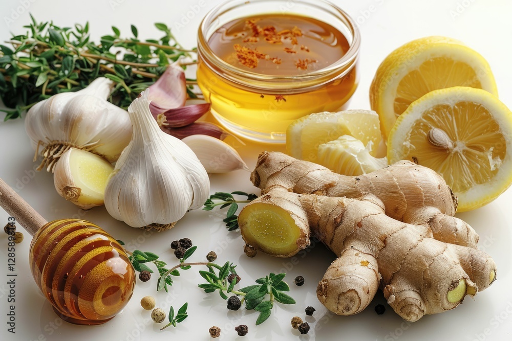 Honey, lemon, ginger, garlic, and thyme: a natural remedy for cold and flu.