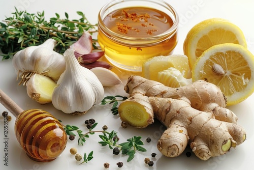 Obraz na płótnie Honey, lemon, ginger, garlic, and thyme: a natural remedy for cold and flu. w salonie