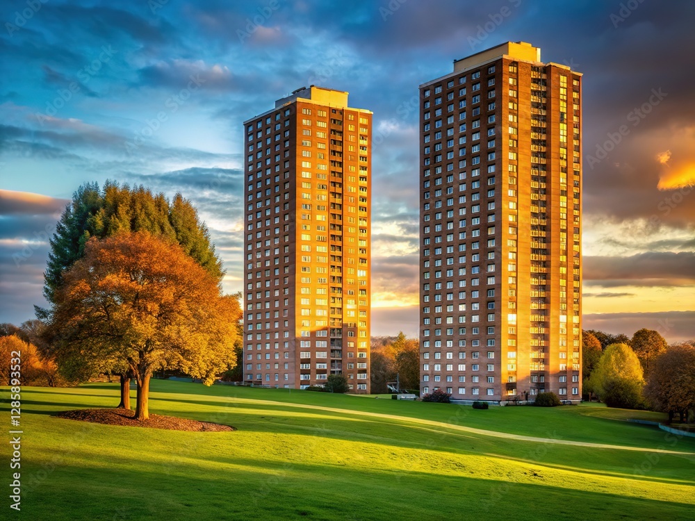 Obraz premium Stylish high-rise flats in Hanley Park, Stoke-on-Trent. Silhouette complex.