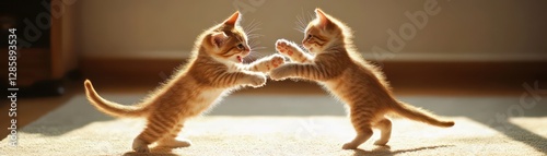 Two playful kittens sparring in sunlit room, capturing joy and energy of young felines.