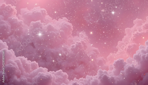 Pink Dreamy Sky, Stars, Clouds Background - Pastel colors